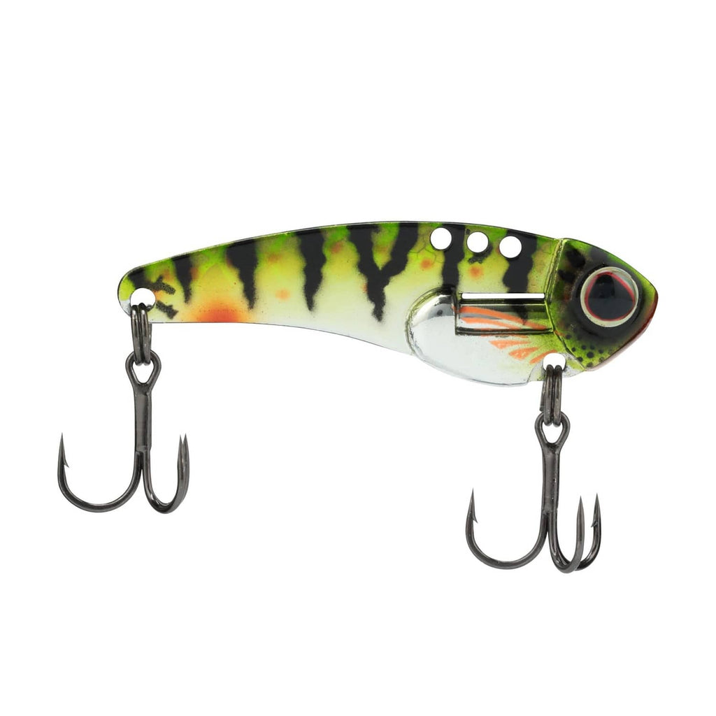 Berkley chrome perch blade bait fishing lure with two treble hooks and split-ring