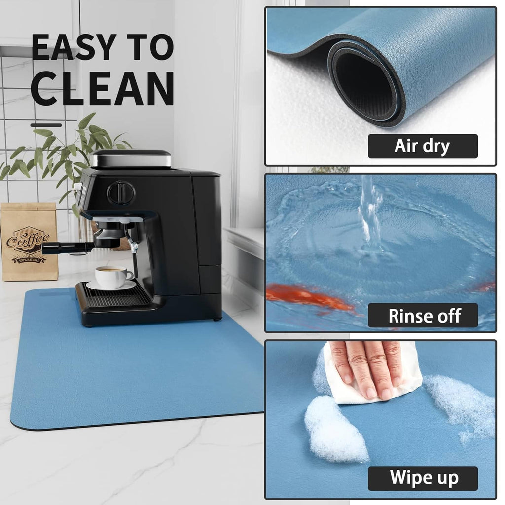 Blue coffee mat with rubber backing, easy wipe-up and rinse-off
