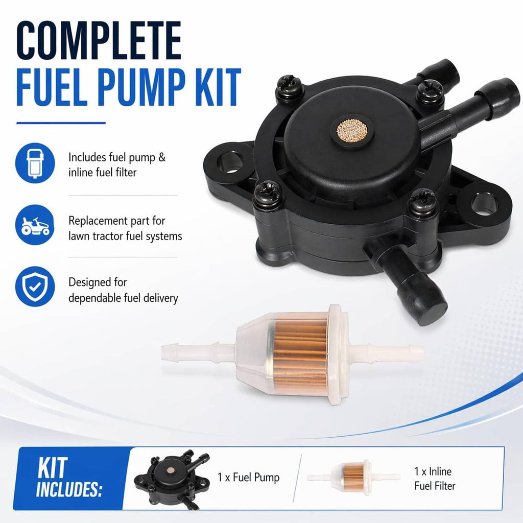 Fuel pump kit: black pump with inline fuel filter, complete mounting assembly
