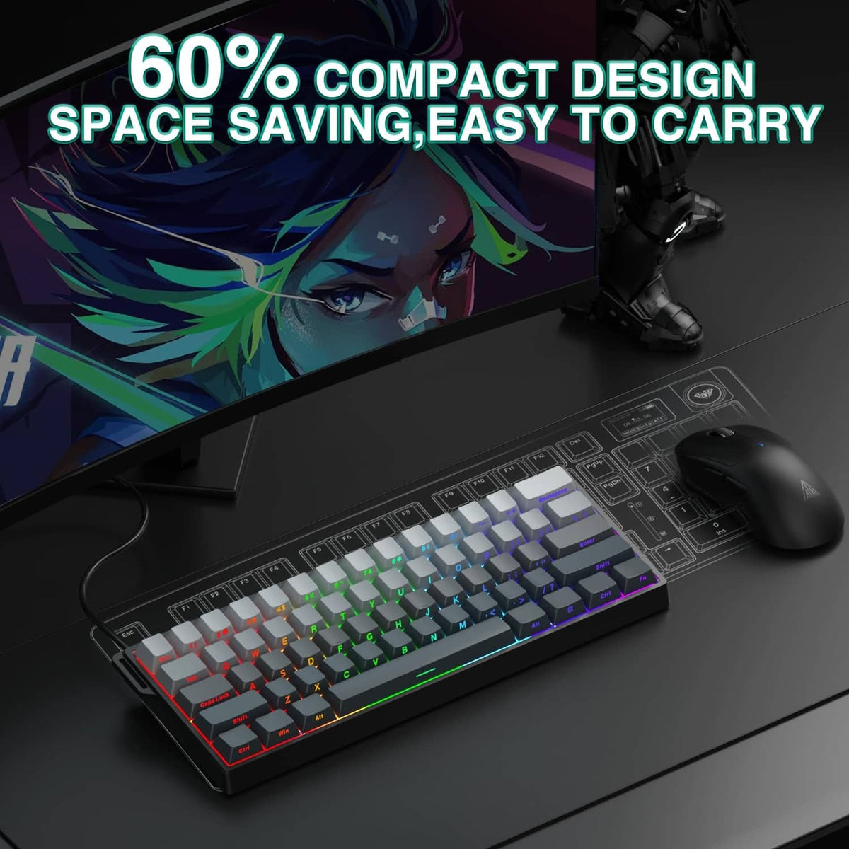 60% compact wired gaming keyboard with gray keycaps and colorful RGB lighting.