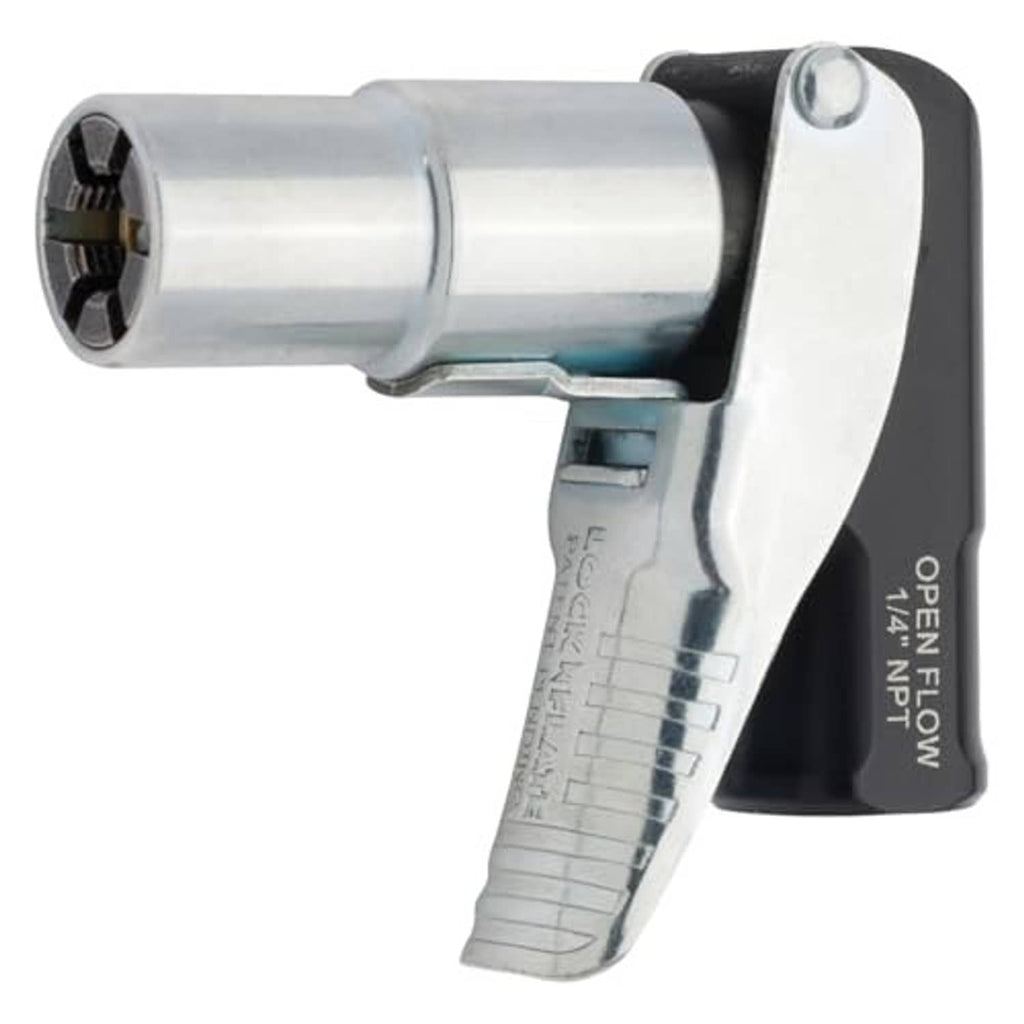 90-degree air chuck with chrome barrel, black grip, and Open Flow 90 branding