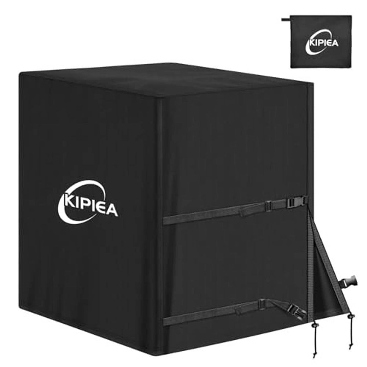 Black outdoor AC unit cover with adjustable bottom drawstring and buckle straps