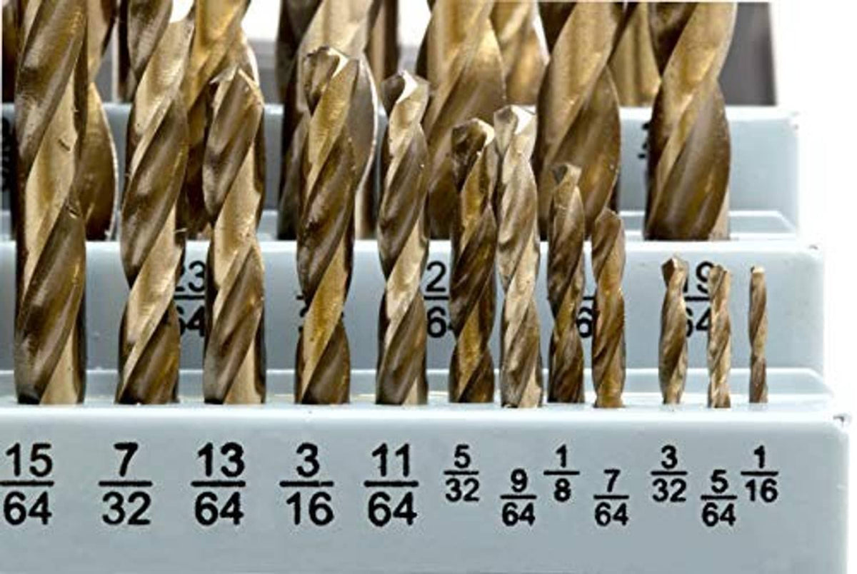 Close-up of gold oxide HSS drill bits with numbered size chart on tray