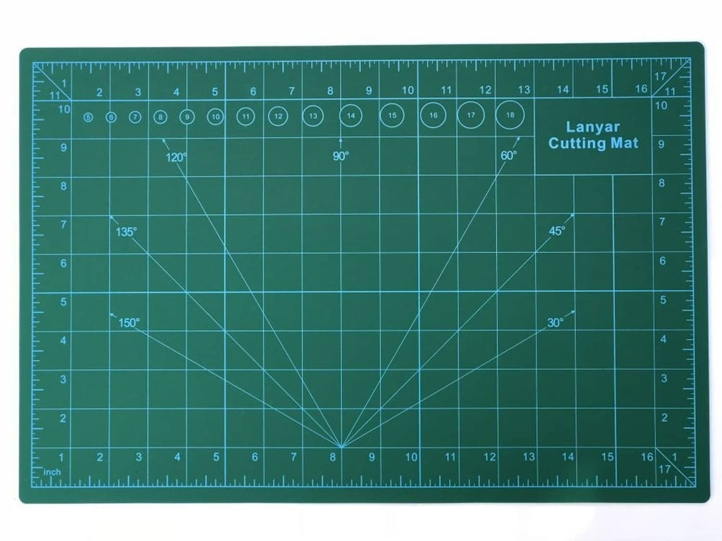 Blue cutting mat with measurement rulers and angle markers, 18 x 12 in