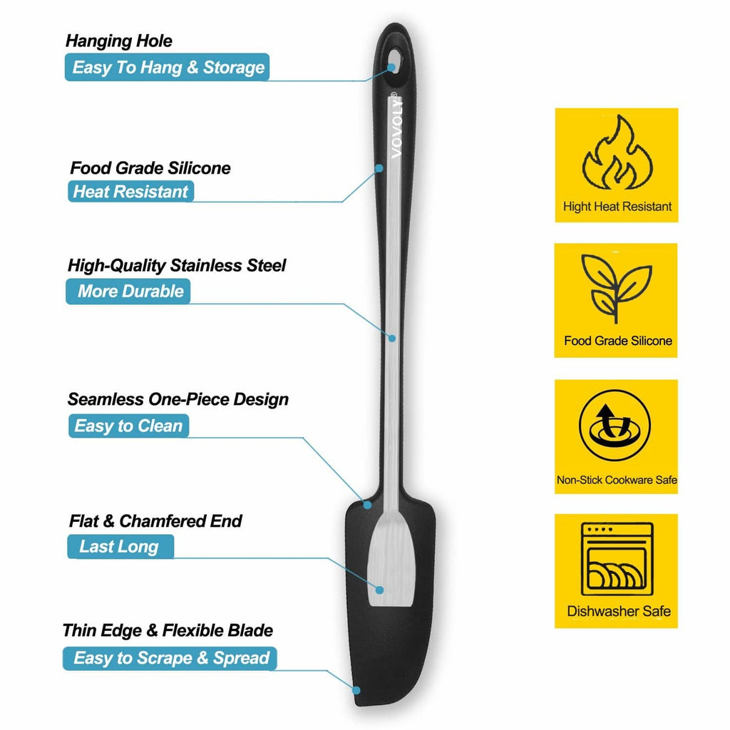Black silicone spatula with flat, chamfered end and thin flexible blade