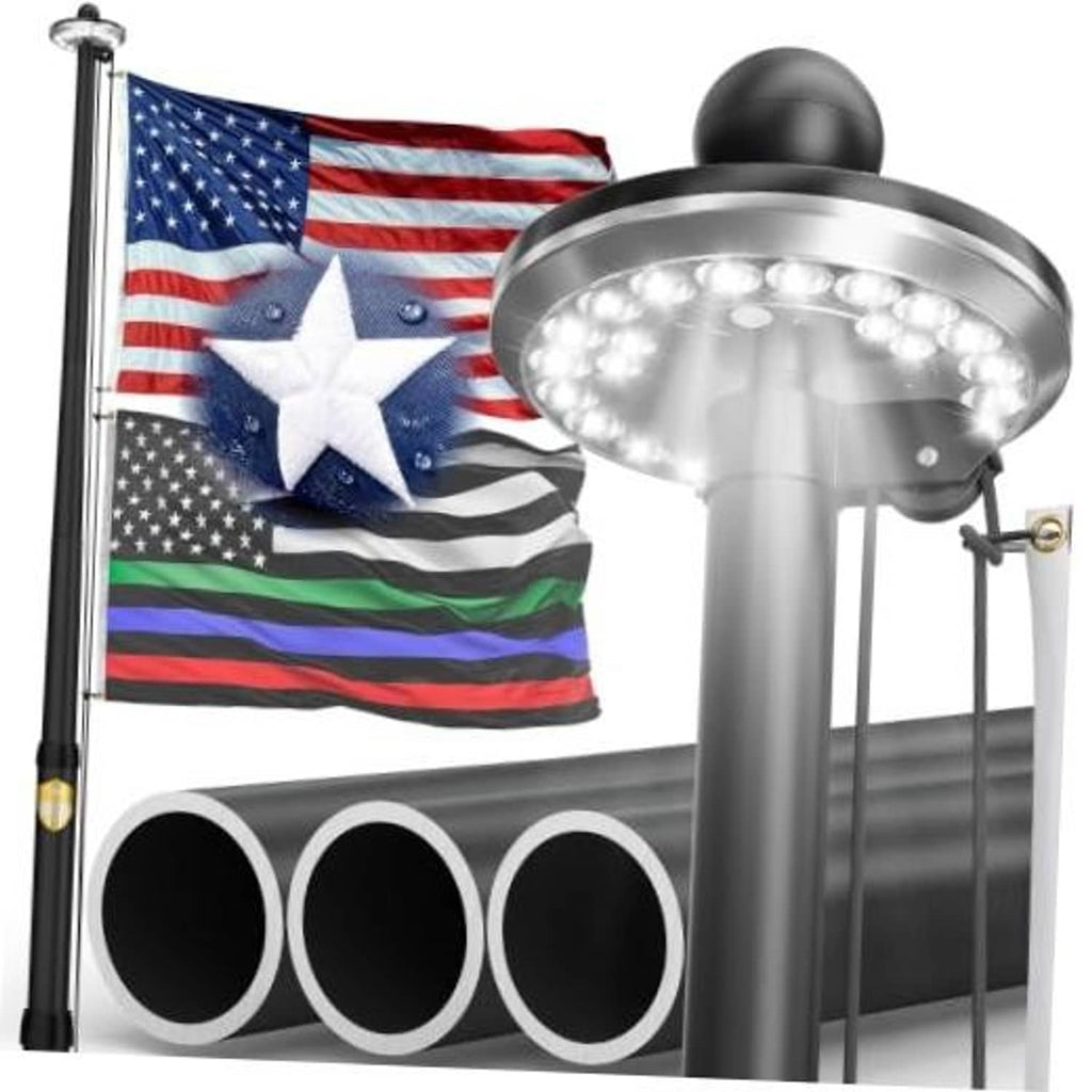 Black flag pole with solar light unit, triple pole design, and patriotic flag