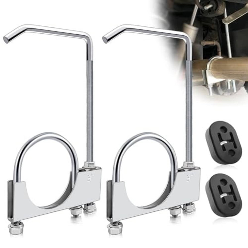 Universal 3-inch exhaust clamp set, two silver hanger brackets with loop hooks and mounts