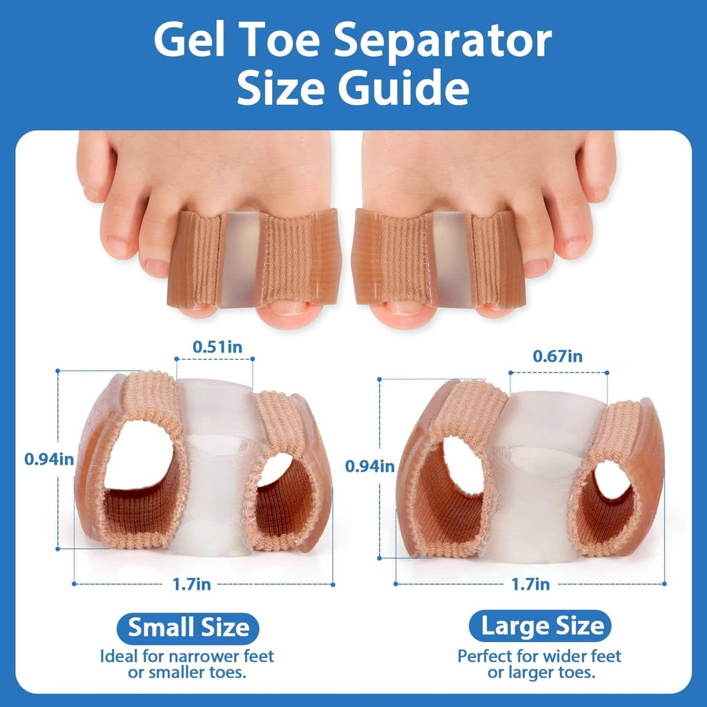 Gel toe separator size guide, tan loop spacers showing small and large fit on toes