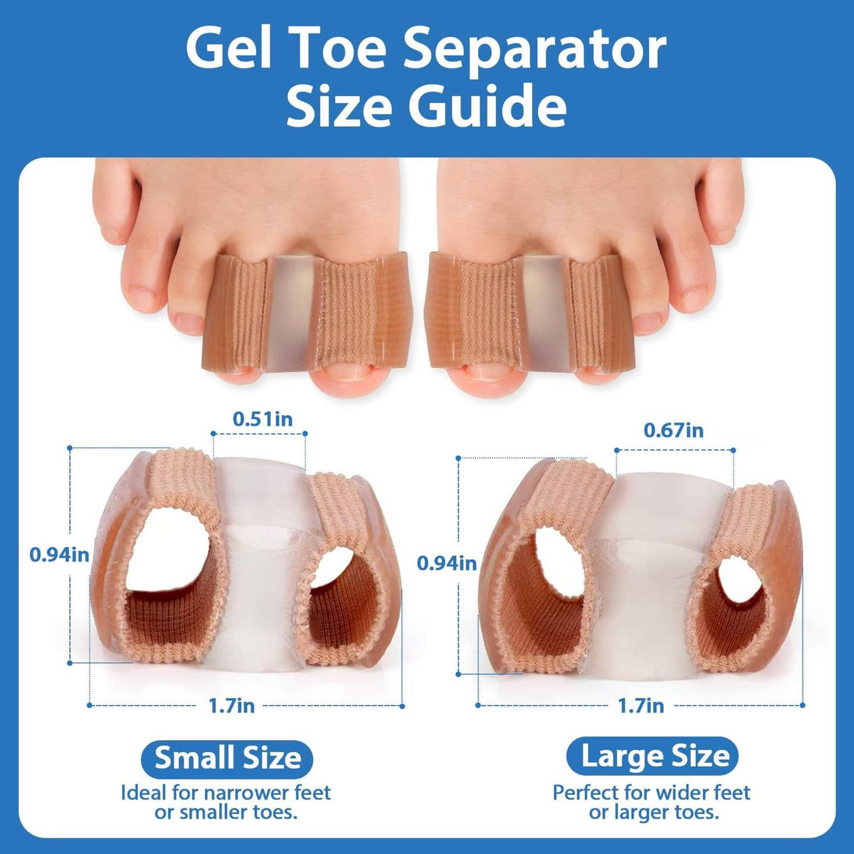 Gel toe separator size guide, tan loop spacers showing small and large fit on toes
