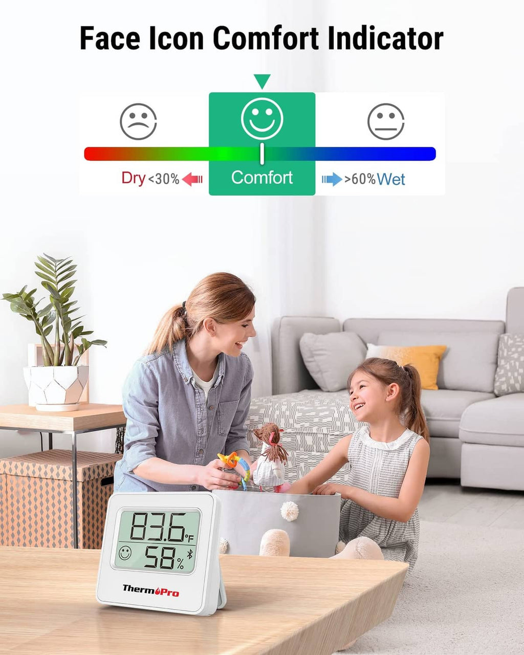 White ThermoPro hygrometer showing 83.5°F and 50% humidity with comfort indicator