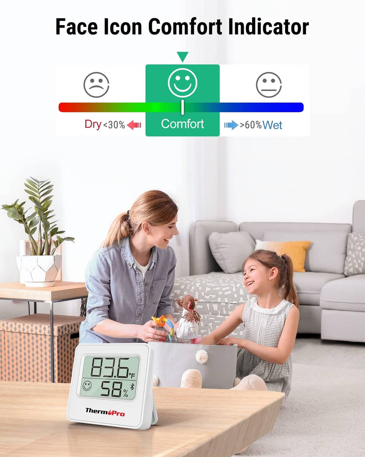 White ThermoPro hygrometer showing 83.5°F and 50% humidity with comfort indicator