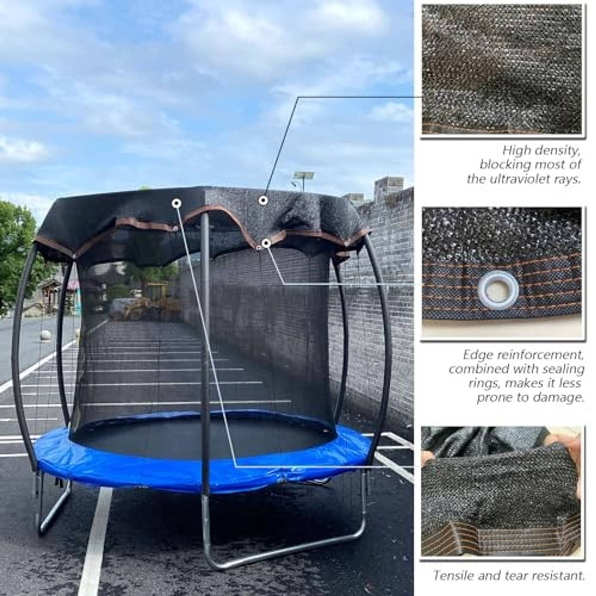 14ft round trampoline shade cover with dark mesh canopy and reinforced edge