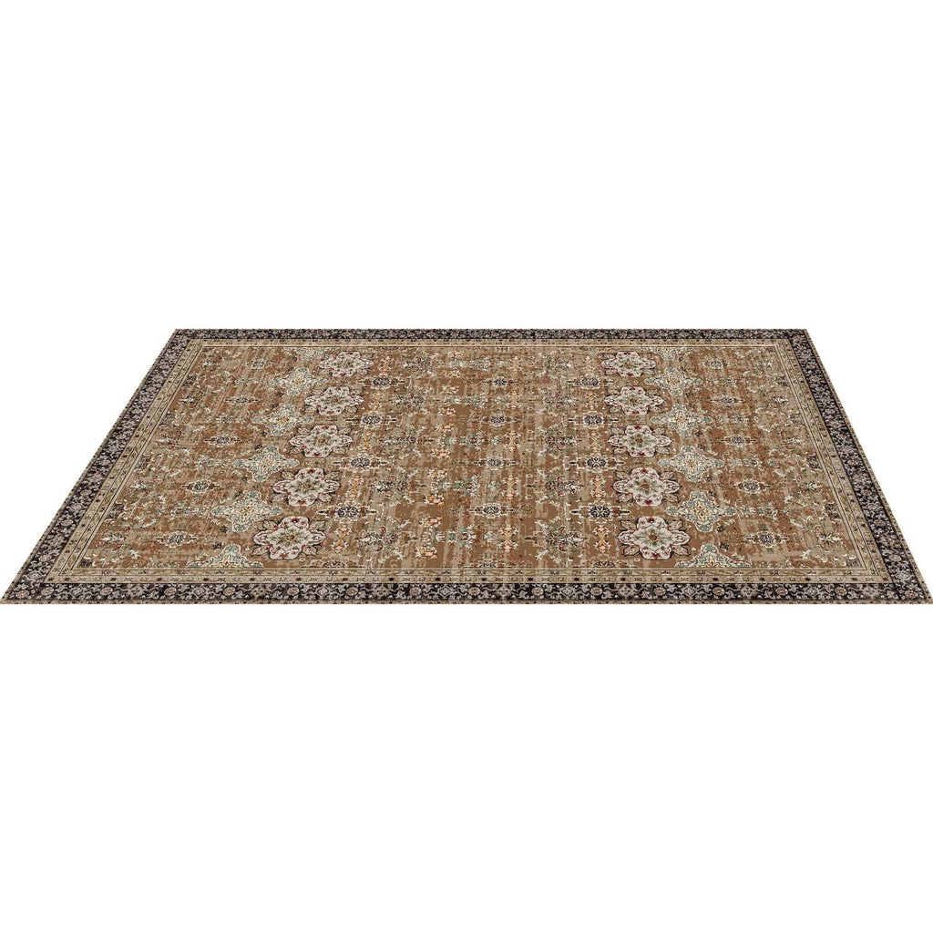 Large area rug with vintage medallion pattern in brown, beige, and green, flat view