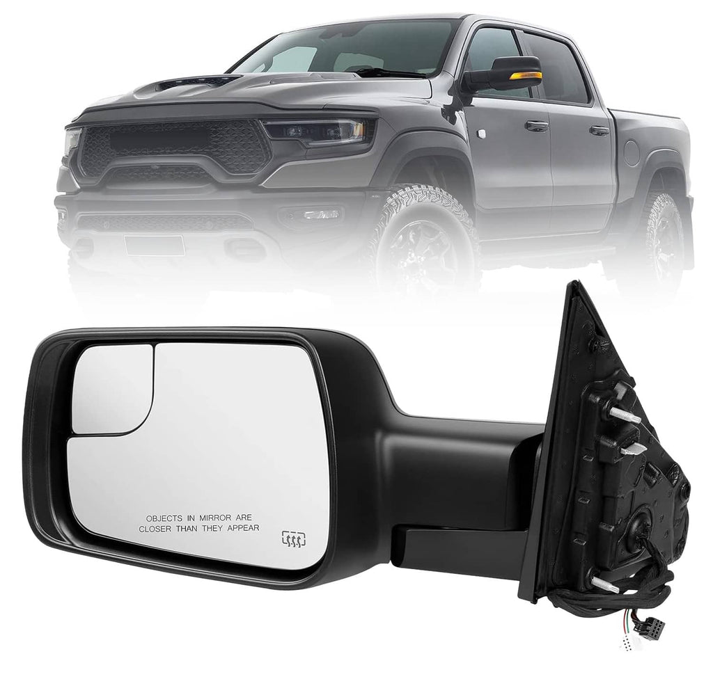 Black driver-side mirror assembly with heated glass and integrated turn-signal section