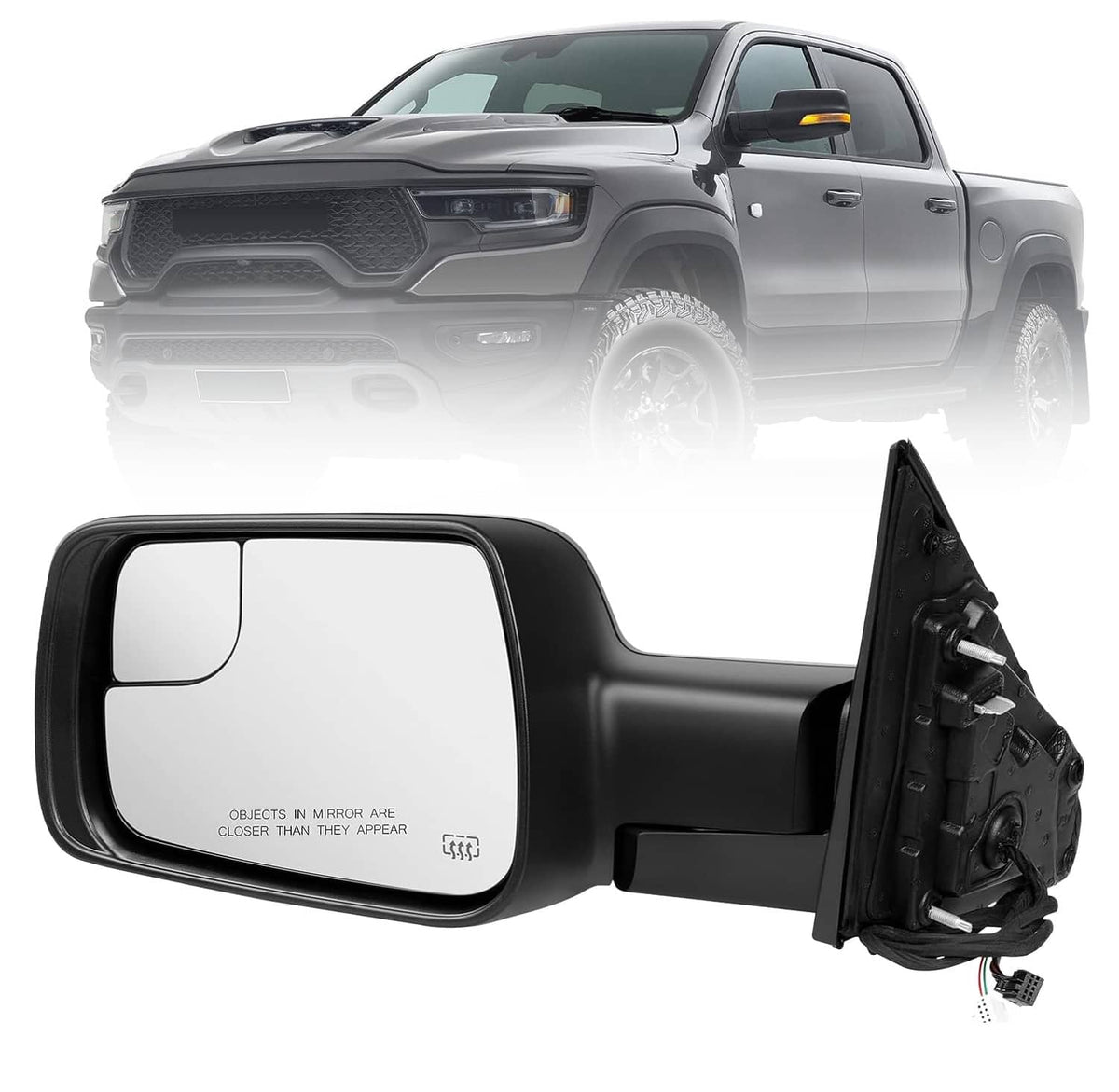 Black driver-side mirror assembly with heated glass and integrated turn-signal section