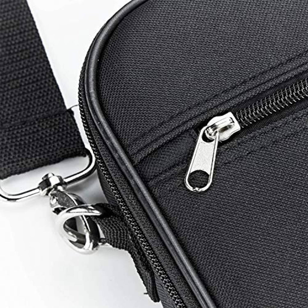 Black fabric case corner with metal zipper pull and snap hooks for carrying
