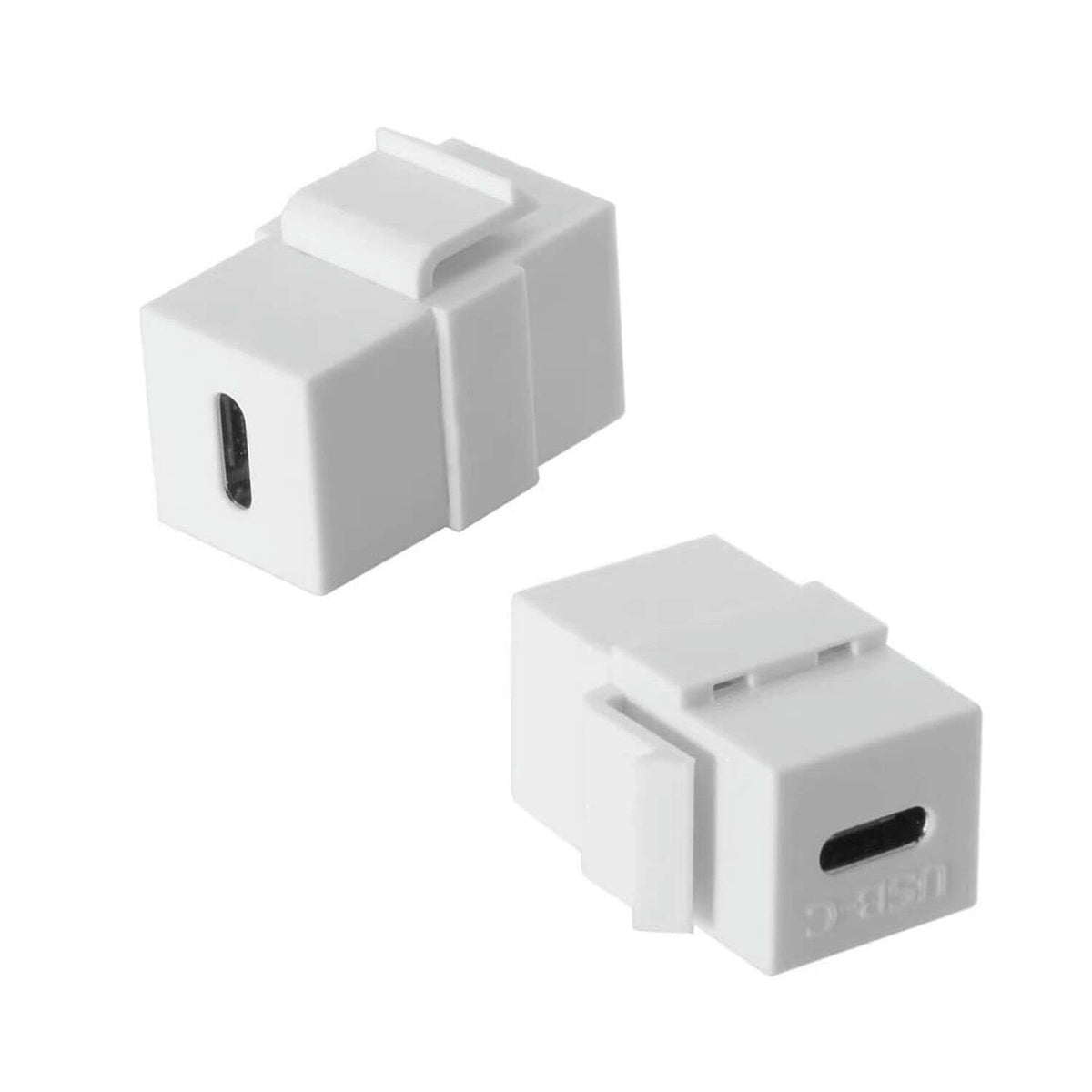 USB-C keystone jack insert, white module with black port opening, angled view