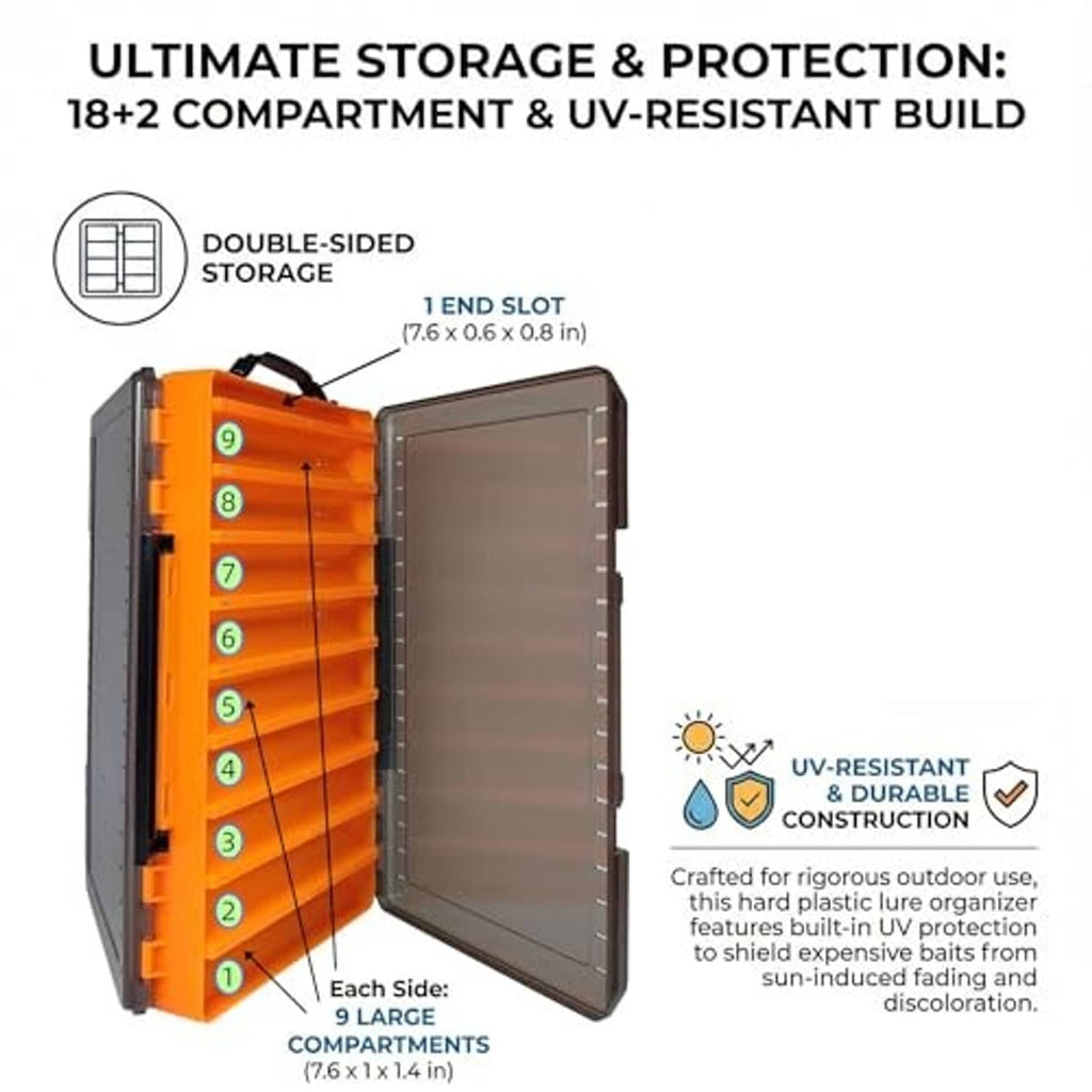 Orange double-sided tackle box open to show stacked rows of lure compartments