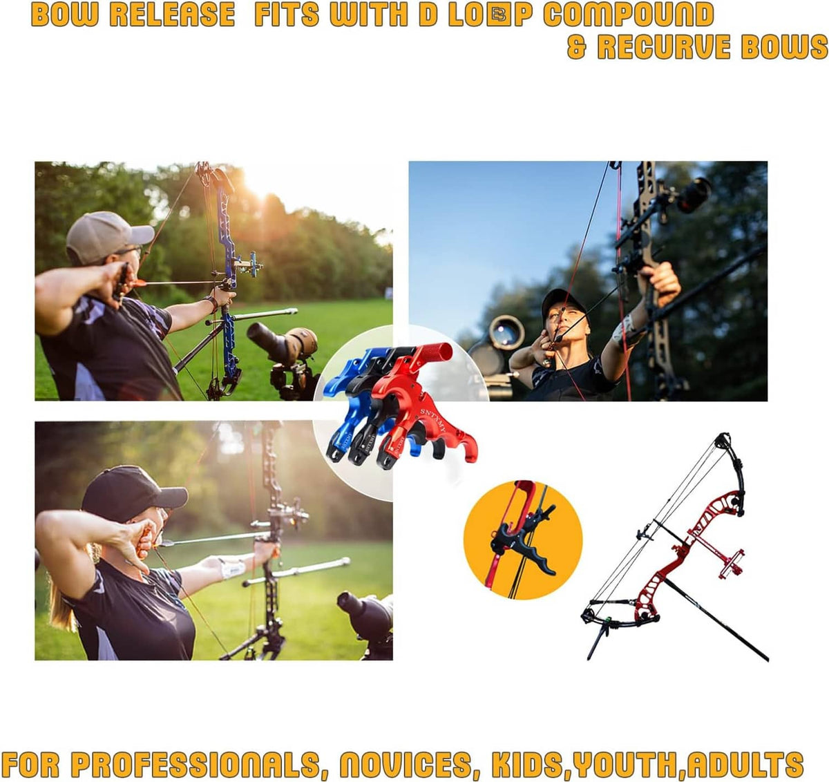 Bow release trigger shown with multiple compound and recurve bow setups