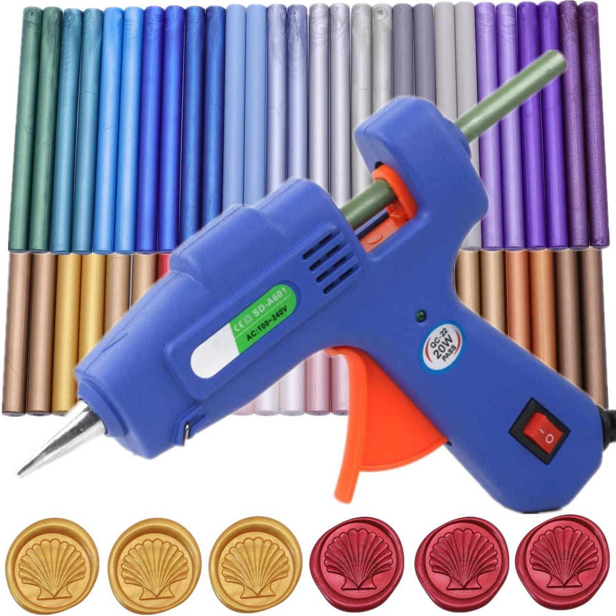 Blue wax seal glue gun with assorted wax seal sticks and round seal discs underneath.