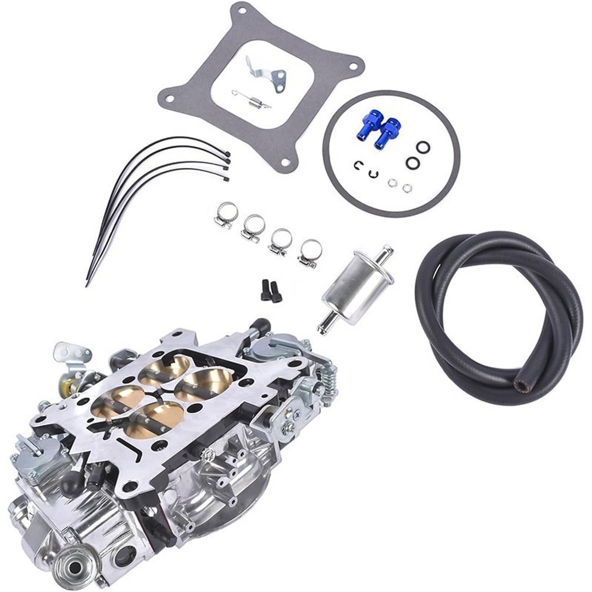 Billet aluminum 4-barrel double pumper race carburetor kit with regulator and black hose