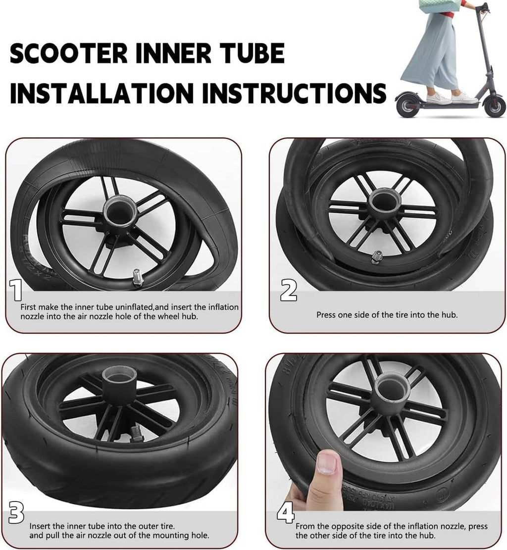 Scooter inner tube installation steps showing black tubes and wheel hub valve placement