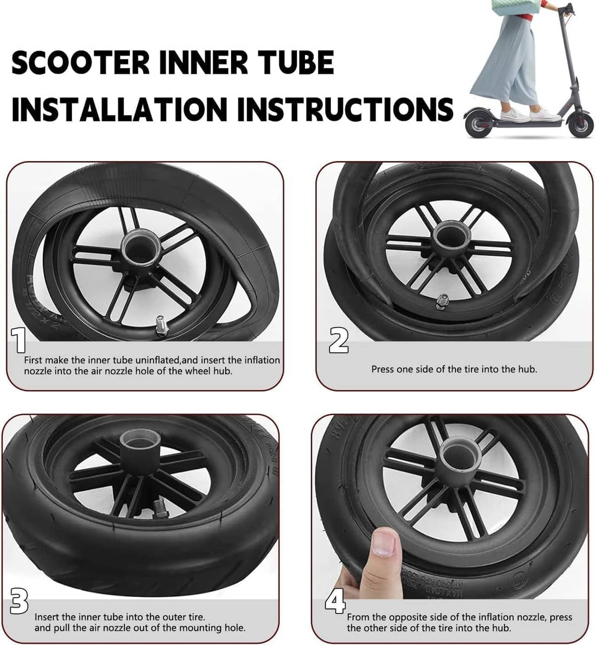 Scooter inner tube installation steps showing black tubes and wheel hub valve placement