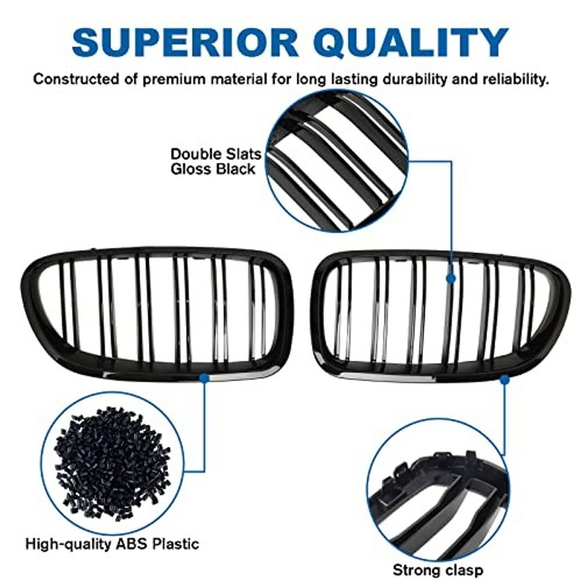 Gloss black ABS plastic double-slat grille inserts, pair with strong clasps