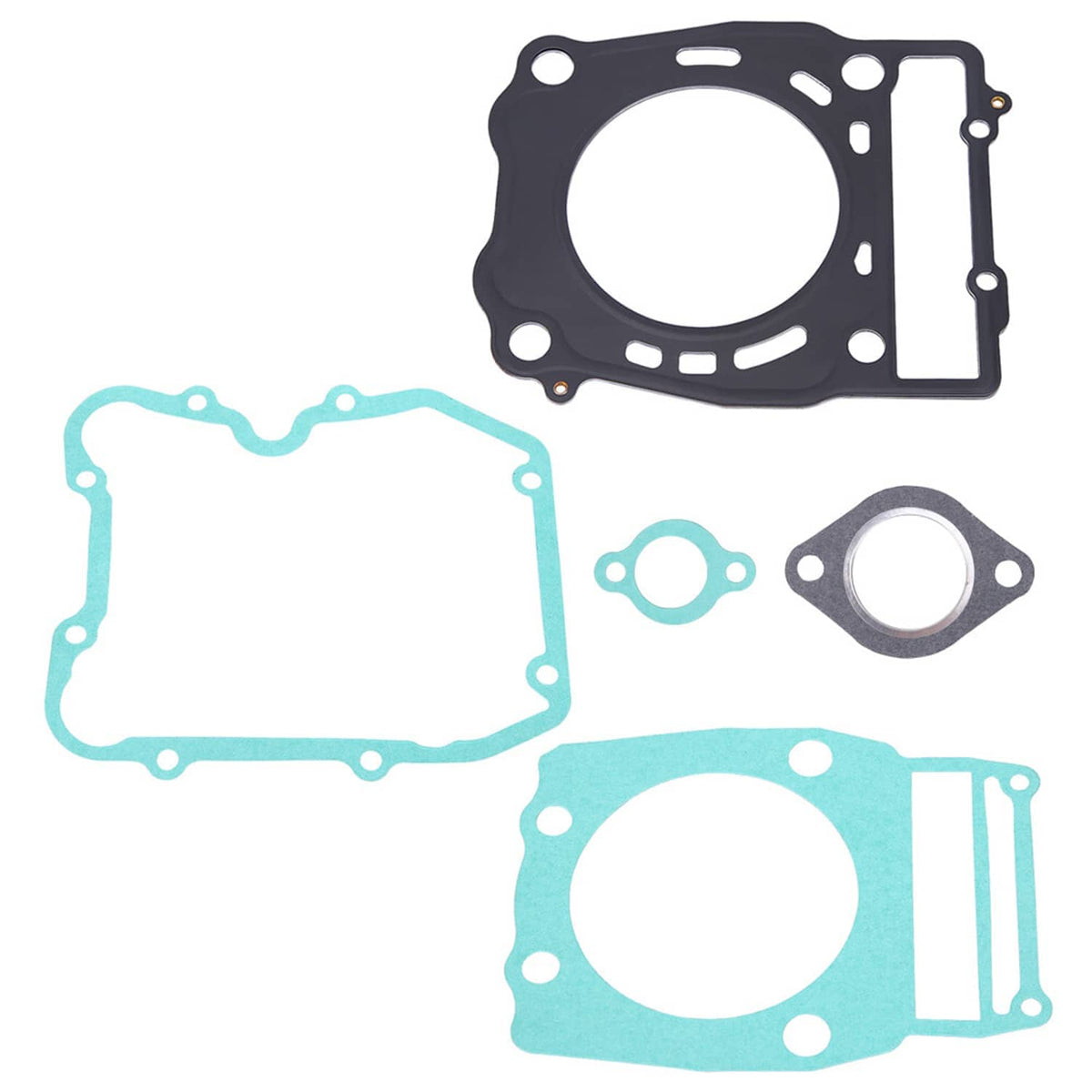 Engine gasket set with black head gasket and turquoise seal gaskets and a small gray gasket