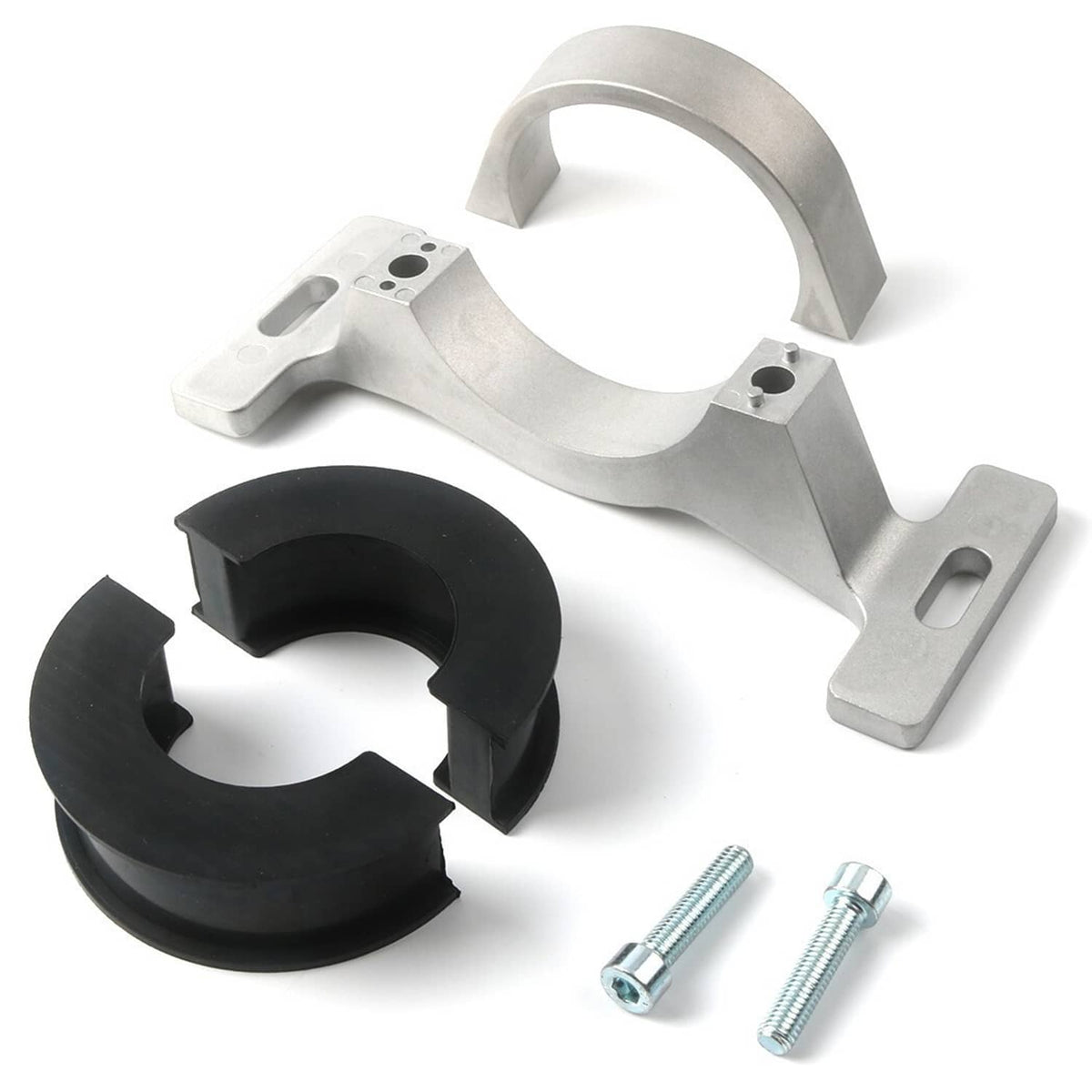 Metal bearing carrier bracket with black rubber insert and included bolts