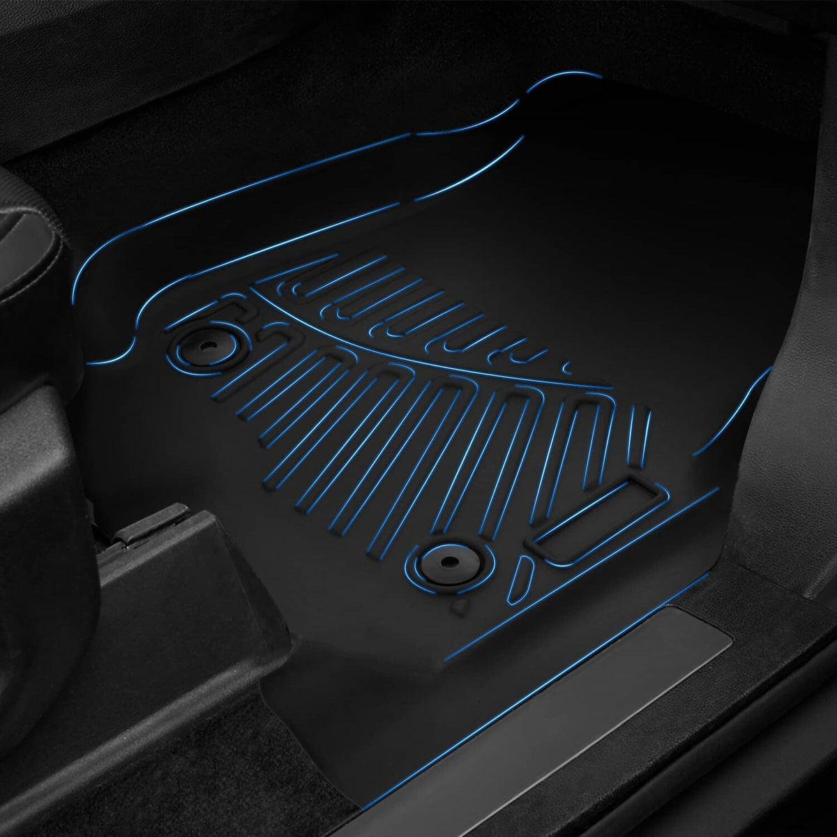 Black molded floor mat with raised channels and textured traction surface contours