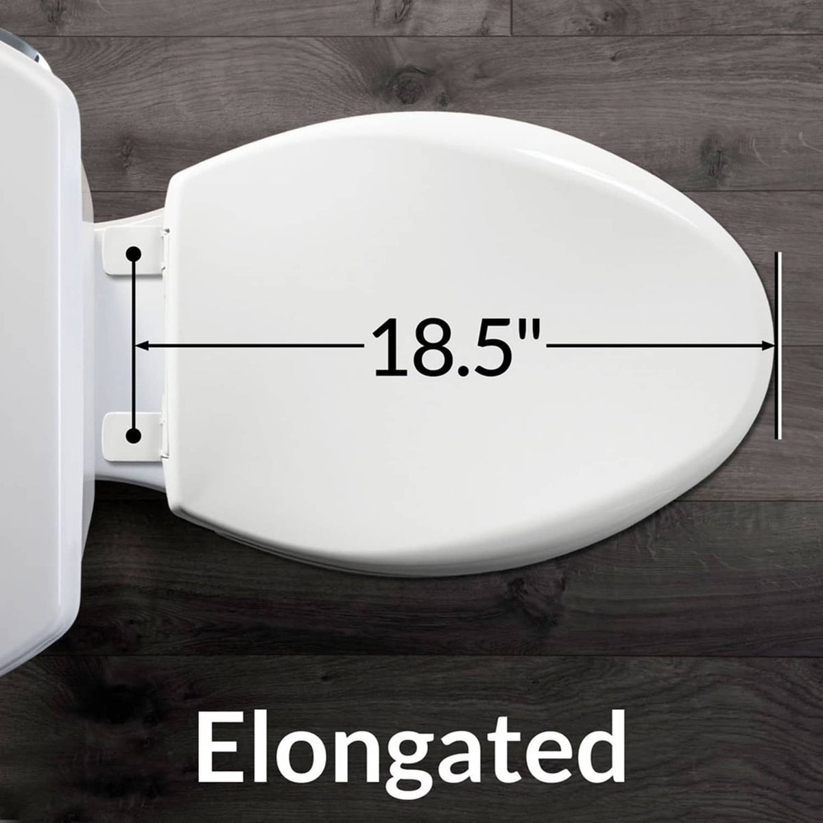 Elongated plastic toilet seat with 18.5" length shown, white