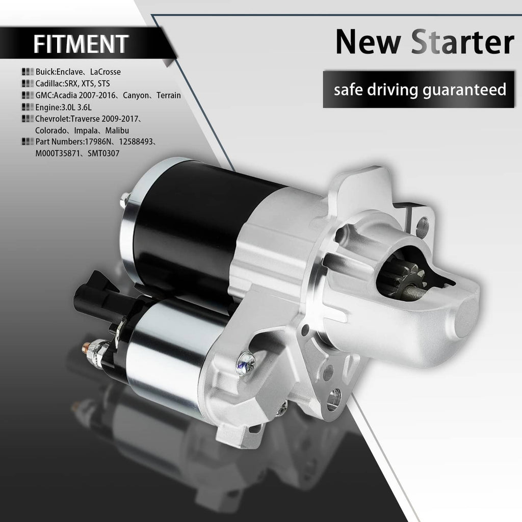 New starter motor with silver housing, black connector, and terminal connection points