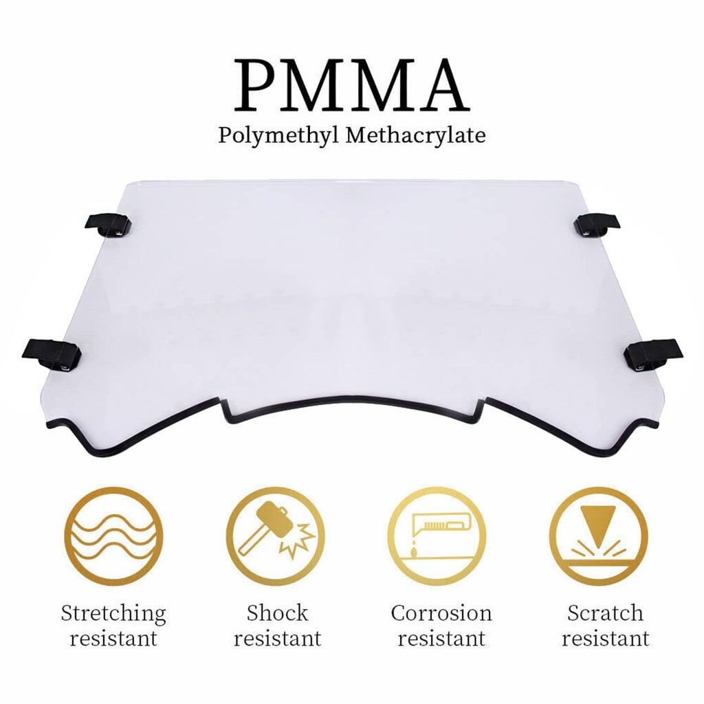 Clear UTV windshield sheet with black corner mounting blocks and curved lower edge