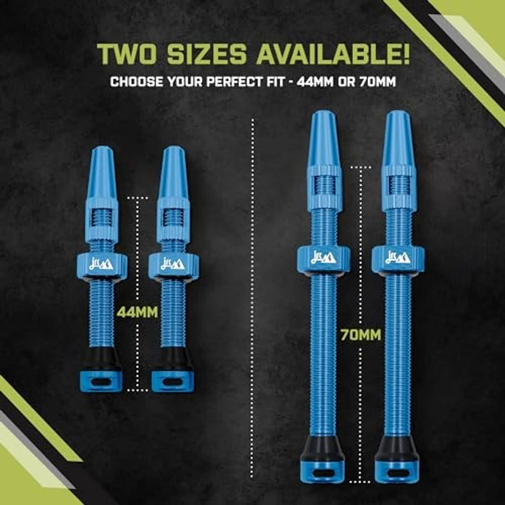 Blue Presta tubeless valve stems set showing one short and one long stem with caps.