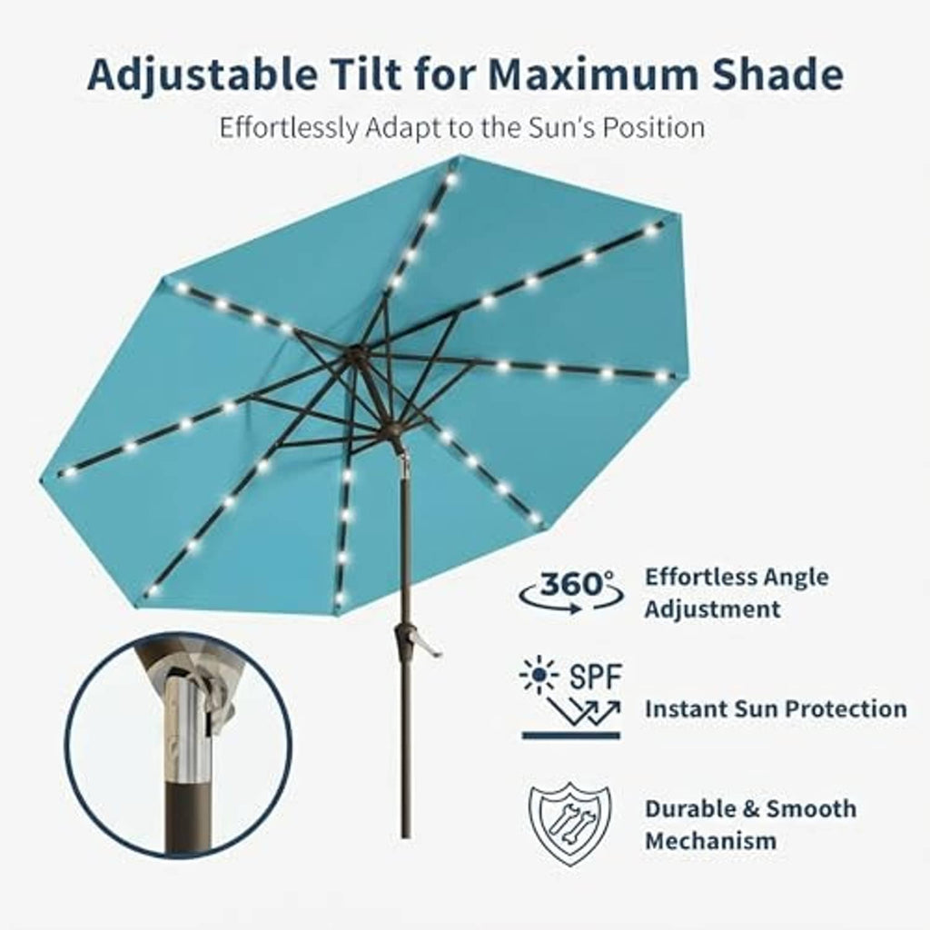 Sky blue patio umbrella canopy with warm LED lights on the frame ribs