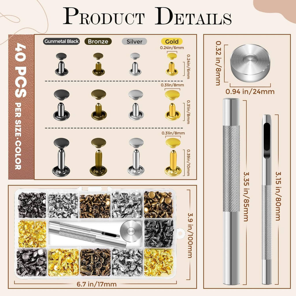 Leather rivet kit product details showing multiple rivet colors and silver setting tools