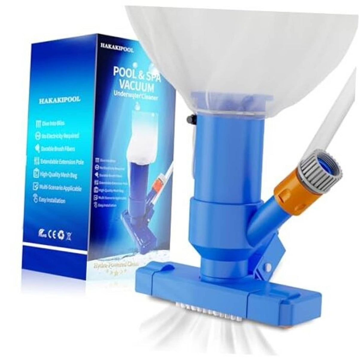 Blue pool vacuum cleaner head with orange jet nozzle and bristle brush base