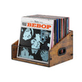 Rustic brown vinyl record storage crate with black mesh front and side handles