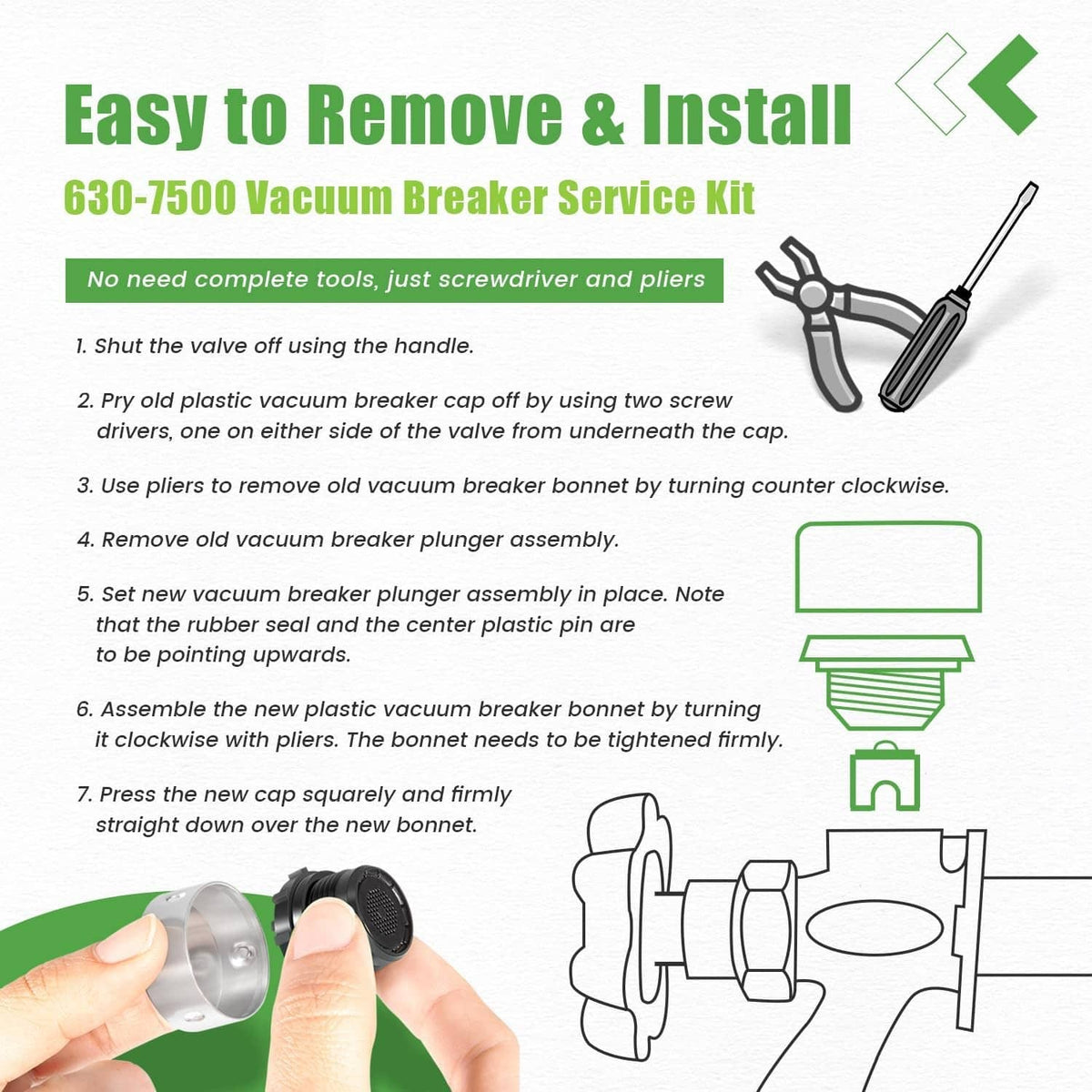Vacuum breaker service kit with silver cap, black bonnet, and illustrated step parts