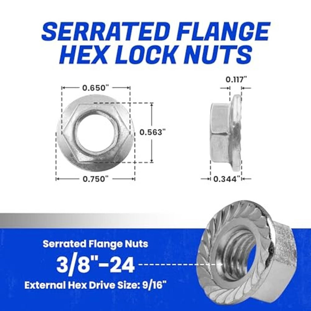 Serrated flange hex lock nuts with size dimensions, showing head and threaded hole