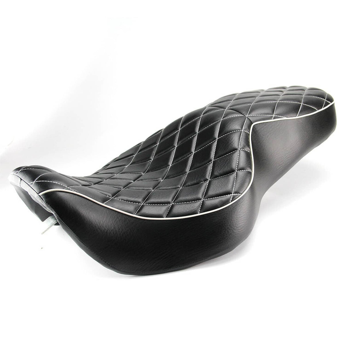Black motorcycle seat with diamond quilt pattern and contrasting white piping