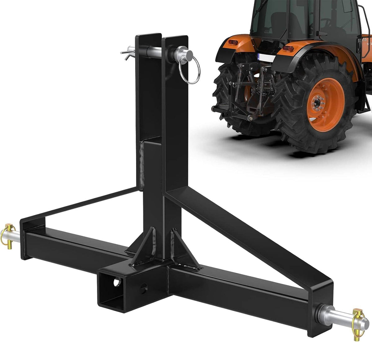 Black steel 3-point hitch receiver draw bar with vertical lift post and side pin plates