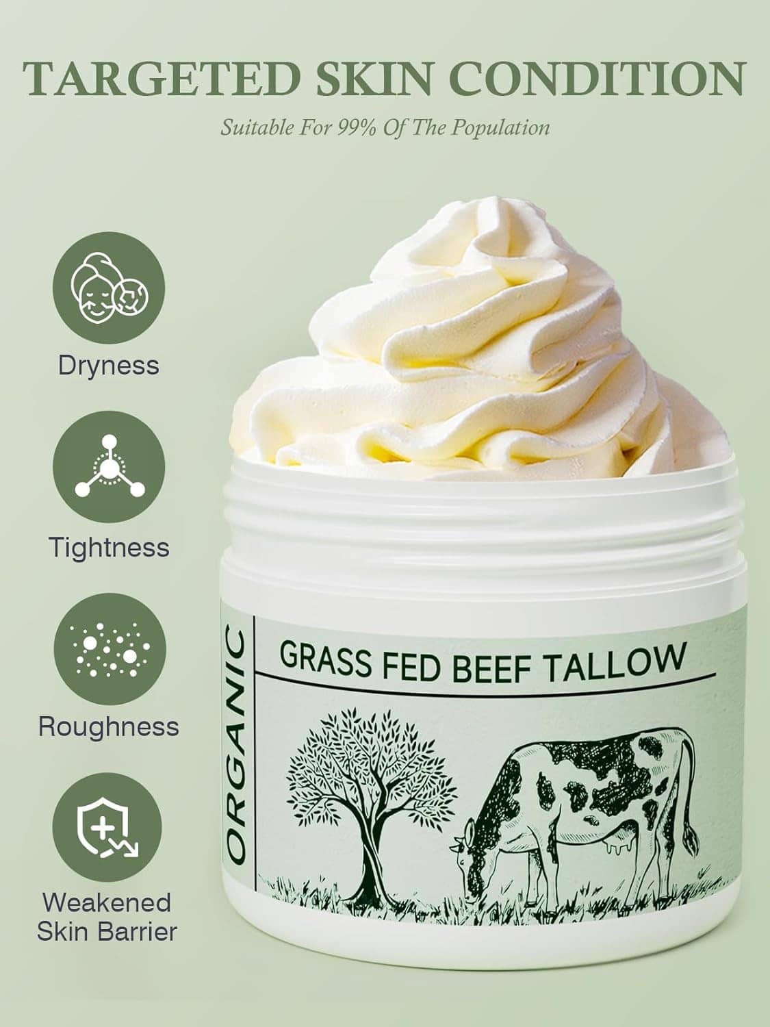 Beef tallow moisturizer jar with targeted skin condition icons for dryness and tightness