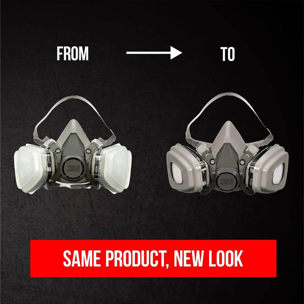 Reusable half-face respirator shown in two views, gray cartridges with flexible face seal