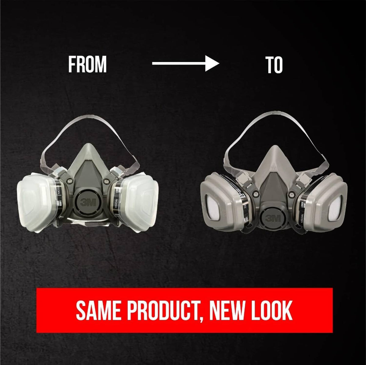 Reusable half-face respirator shown in two views, gray cartridges with flexible face seal