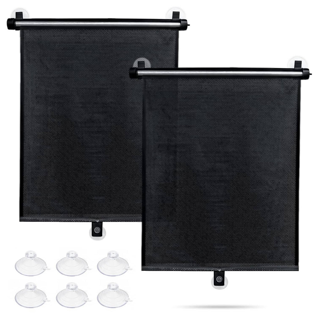 Black mesh car side window shade set with roller bar and suction cups