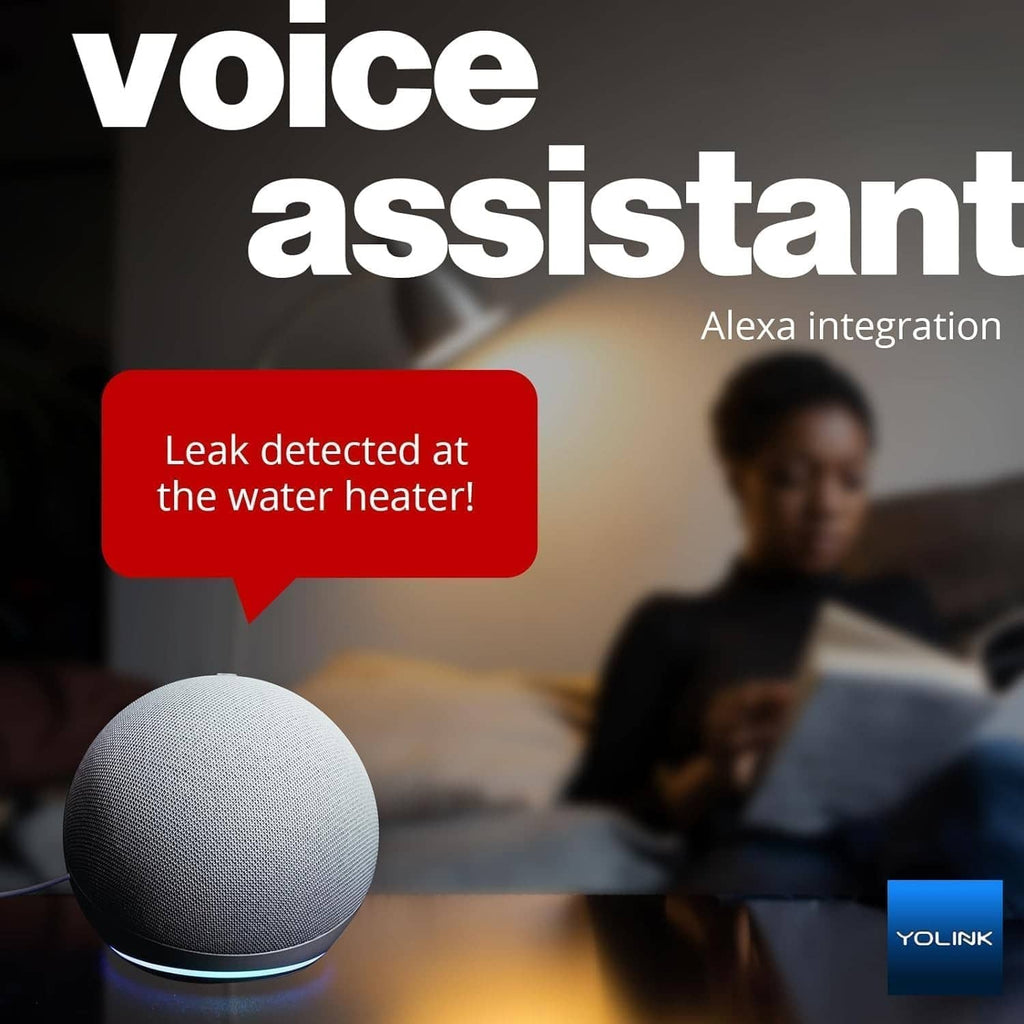 YOLINK water leak alert with smart speaker and red leak-detected notification bubble