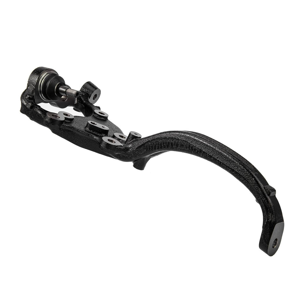 Front right steering knuckle with curved arm, mounting plates, and rubber boot