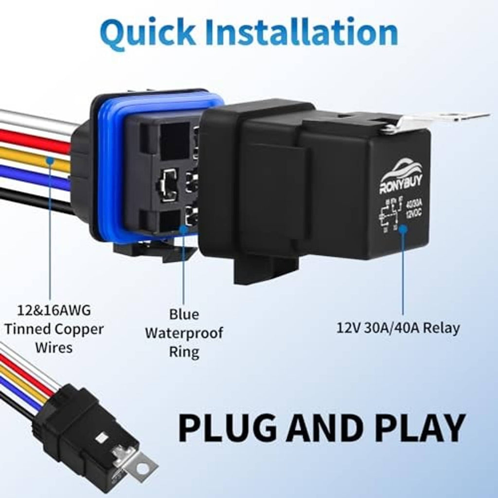 Plug-and-play waterproof relay harness with blue ring, colored wires, and 12V relay